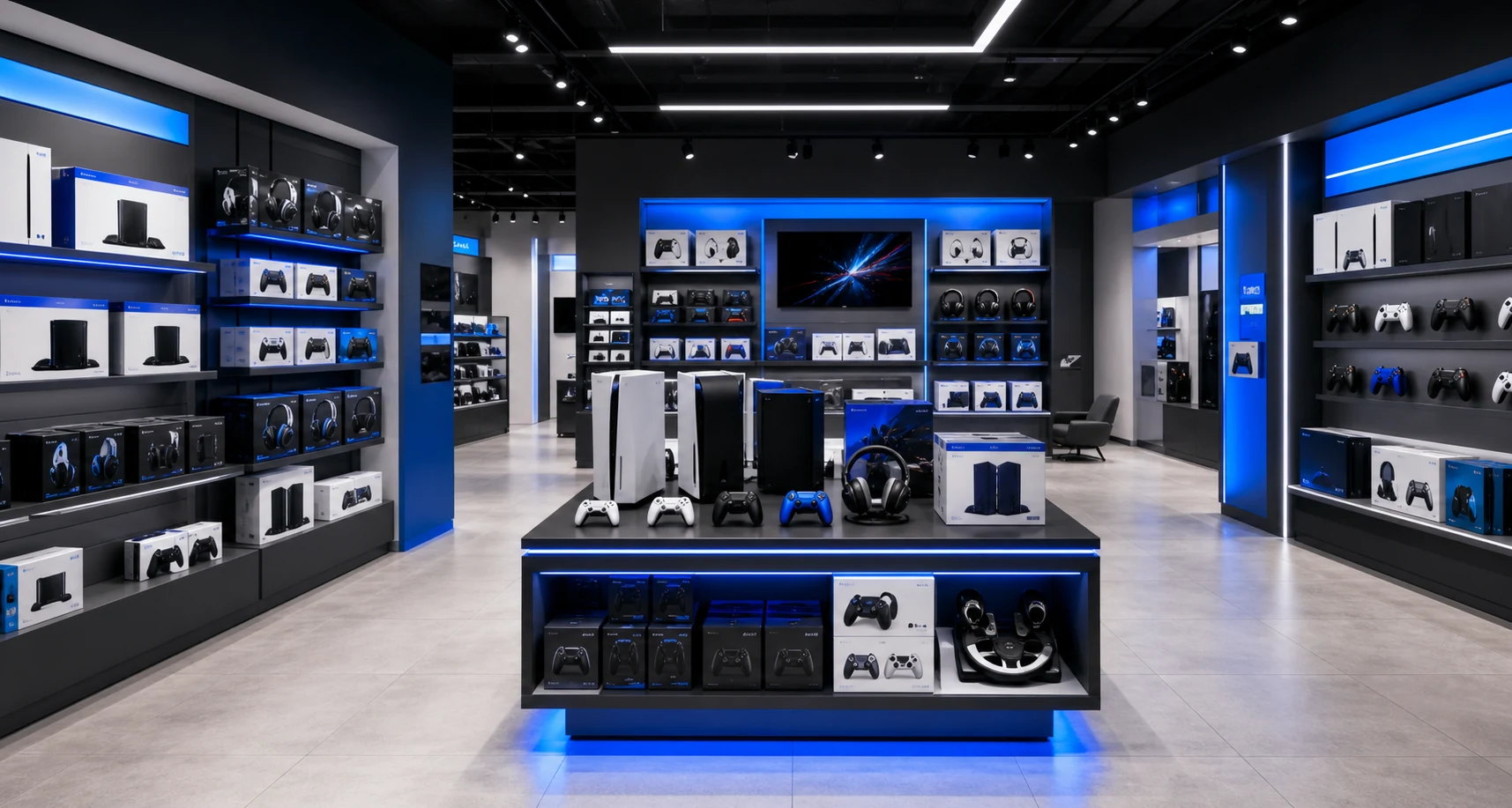 Modern Ankara shop displaying new unbranded consoles and controllers