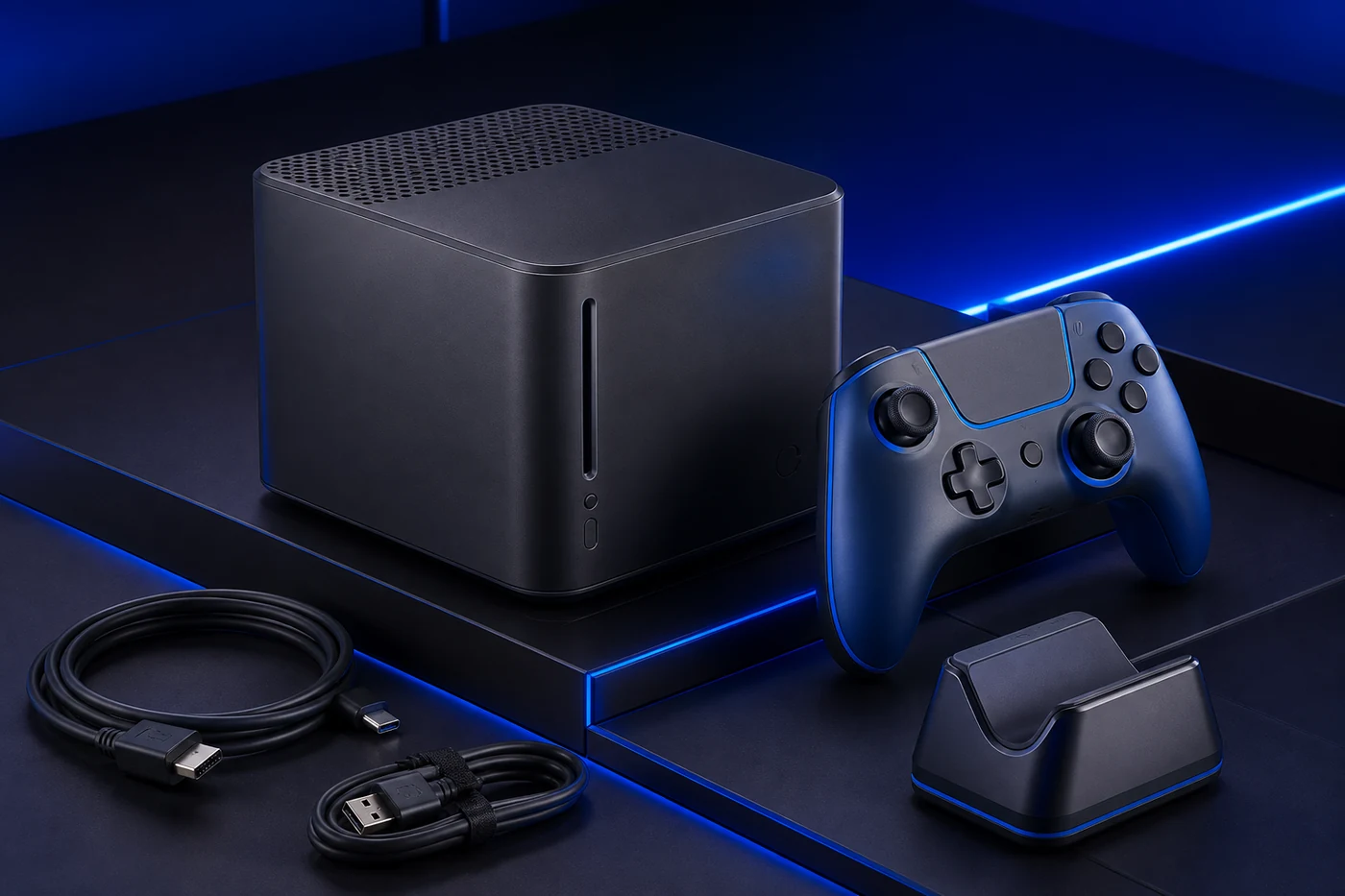 Fictional compact console controller cables and charging base
