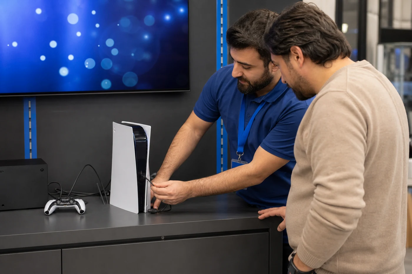 Store specialist helping an adult customer connect a new console